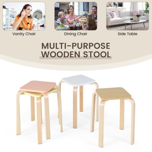 Costway Set of 4 Colorful Square Stools Stackable Wood Stools with Anti-slip Felt Mats