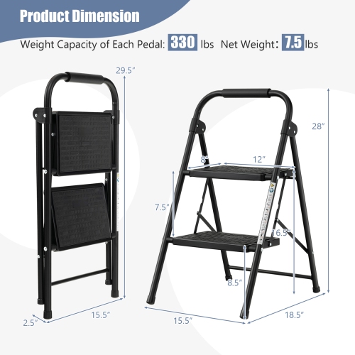Costway 2 Step Ladder Folding Step Stool 330lbs Capacity with Anti-Slip Pedal & Handle