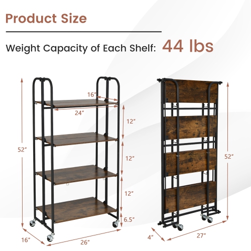 Costway 4-Tier Folding Rolling Cart Portable Storage Shelves w/Wheels No Assembly Rack
