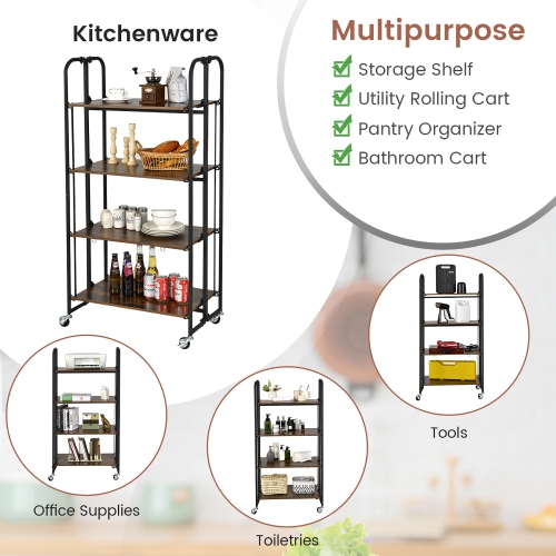Costway 4-Tier Folding Rolling Cart Portable Storage Shelves w/Wheels No Assembly Rack