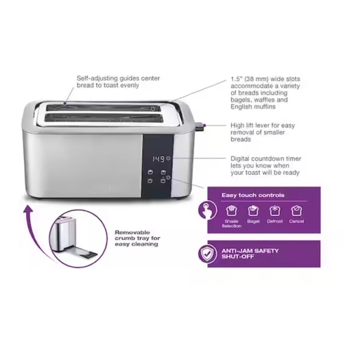 Salton - Digital Long Slot Toaster, 4-Slice Capacity, 1500 Watts, Stainless Steel