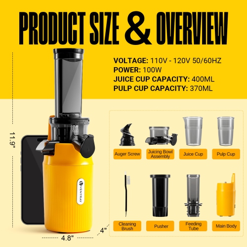 Ventray Essential Ginnie Juicer, Compact & Slow, Nutrient Dense, Best Gift for Family