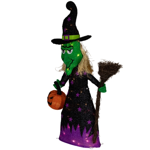 LED Lighted Witch with Broom Outdoor Halloween Decoration - 39" - Clear Lights