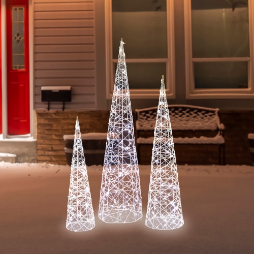LED Lighted Twinkle Outdoor Christmas Cone Trees - 39.5" - Silver - Set of 3
