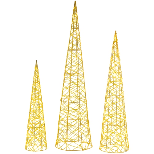 NORTHLIGHT  Set Of 3 Led Twinkle Lighted Mesh Cone Trees Outdoor Christmas Decorations 39.5" In Gold