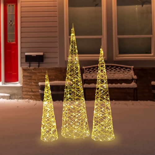 LED Lighted Twinkle Outdoor Christmas Cone Trees - 39.5" - Gold - Set of 3