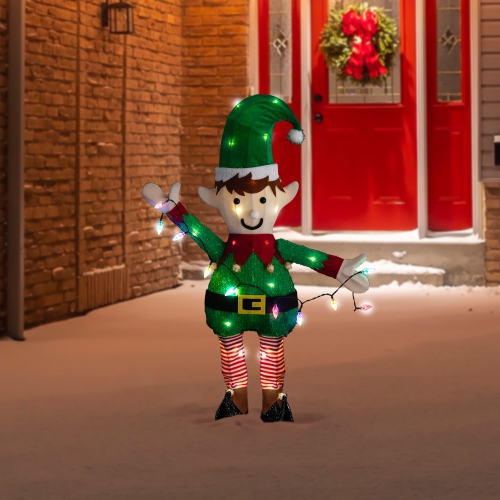 34.25" LED Lighted Elf Holding Christmas Lights Outdoor Yard Decoration