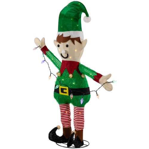 34.25" LED Lighted Elf Holding Christmas Lights Outdoor Yard Decoration