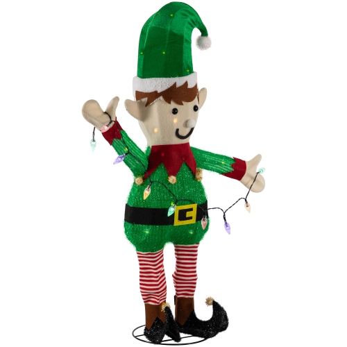 34.25" LED Lighted Elf Holding Christmas Lights Outdoor Yard Decoration