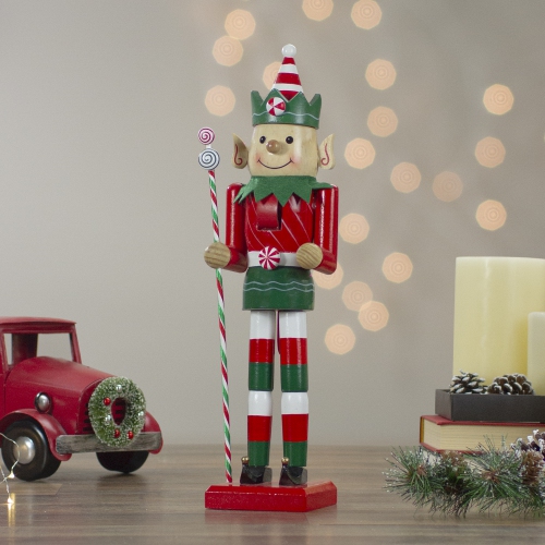 15" Red and Green Traditional Striped Elf Christmas Nutcracker