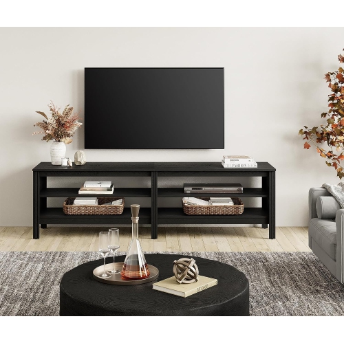 WAMPAT Farmhouse TV Stand for 75 Inch TV Entertainment Center Black TV Console Media Table with 4 Cubby Storage for Living Room Bedroom, 70''