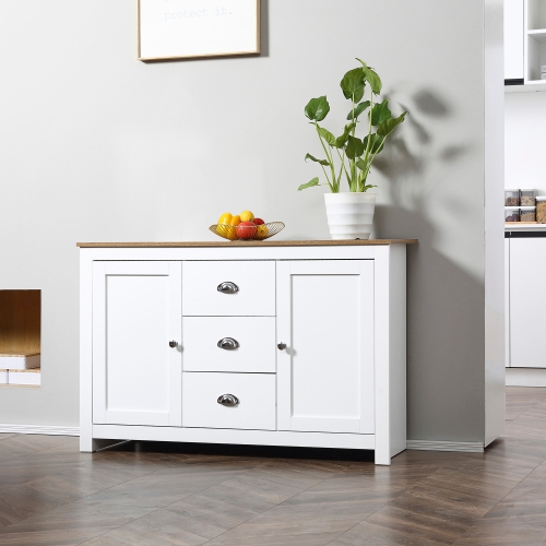 HOMCOM Kitchen Sideboard, Buffet Cabinet with 3 Drawers and Adjustable Shelves, Coffee Bar Cabinet with Storage, White