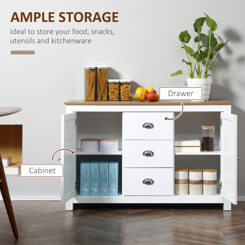 HOMCOM Kitchen Sideboard, Buffet Cabinet with 3 Drawers and Adjustable Shelves, Coffee Bar Cabinet with Storage, White