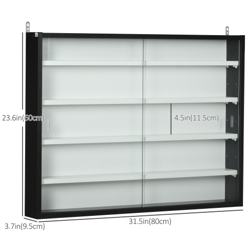 HOMCOM 5-Storey Wall Shelf Display Cabinet, Shot Glass Display Case, Glass Curio Cabinet with 2 Glass Doors and 4 Adjustable Shelves, Black and White