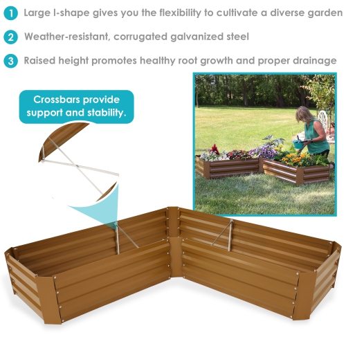 Sunnydaze Galvanized Steel L-Shaped Raised Garden Bed - 59.5 in - Brown