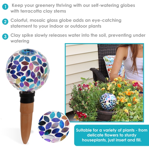 Sunnydaze Mosaic Glass Watering Globe with Clay Spike - Spring Petals