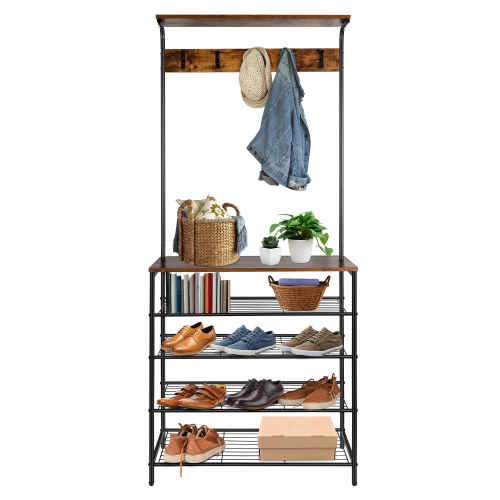 5-Tier Shoe Storage Coat Rack with 5 Dual Hooks, Different Heights Garment Rack For Corner Bedroom Hallway and Living Room