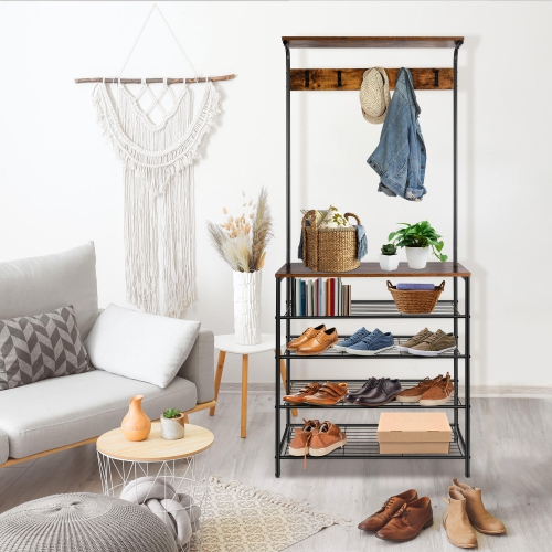 5-Tier Shoe Storage Coat Rack with 5 Dual Hooks, Different Heights Garment Rack For Corner Bedroom Hallway and Living Room