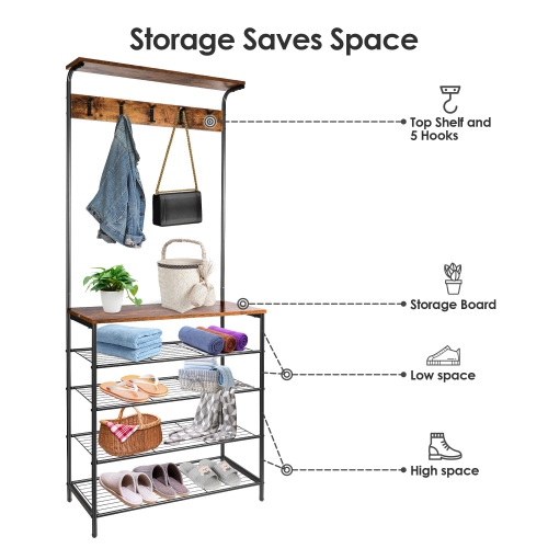 5-Tier Shoe Storage Coat Rack with 5 Dual Hooks, Different Heights Garment Rack For Corner Bedroom Hallway and Living Room
