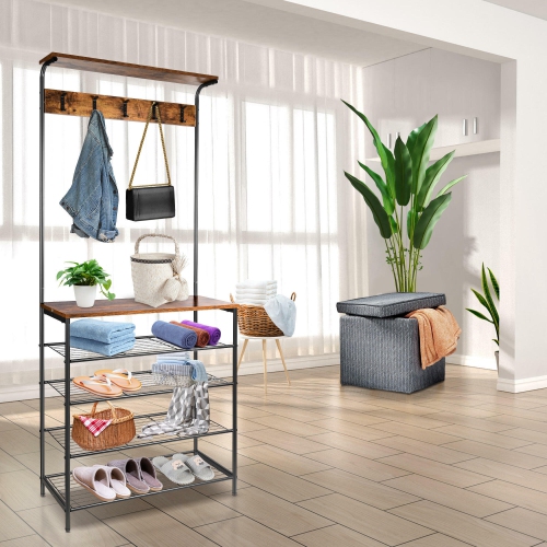 5-Tier Shoe Storage Coat Rack with 5 Dual Hooks, Different Heights Garment Rack For Corner Bedroom Hallway and Living Room