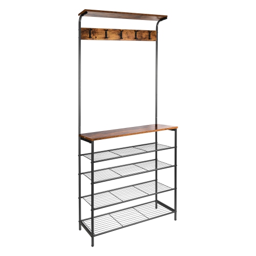 5-Tier Shoe Storage Coat Rack with 5 Dual Hooks, Different Heights Garment Rack For Corner Bedroom Hallway and Living Room