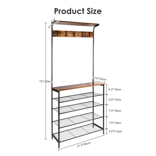 5-Tier Shoe Storage Coat Rack with 5 Dual Hooks, Different Heights Garment Rack For Corner Bedroom Hallway and Living Room