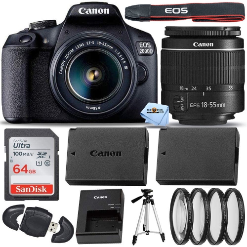 Ensemble EOS 2000&nbsp;deniers/Rebel T7 de Canon avec objectif EF-S 18-55&nbsp;mm III + 64&nbsp;Go + batterie EXT