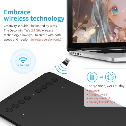 XPPen Deco mini7 Wireless Graphics Tablet 7 x 4.37-inch Portable Pad Built-in Lithium Battery Compatible with Windows/Mac/Android/Chrome/Linux
