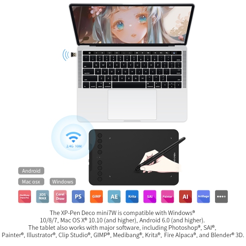 XPPen Deco mini7 Wireless Graphics Tablet 7 x 4.37-inch Portable Pad Built-in Lithium Battery Compatible with Windows/Mac/Android/Chrome/Linux