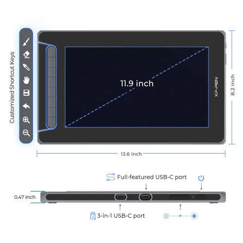 XPPen Artist 12 Graphic Display 11.9-inch Digital Drawing Anti-glare Screen & 10 Customized Express Keys & USB-C Connection
