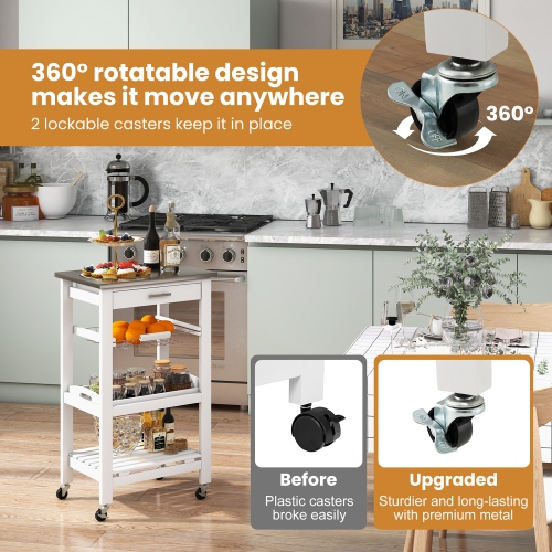 Chariot de service compact à roulettes pour îlot de cuisine avec panier supérieur en acier inoxydable de Costway