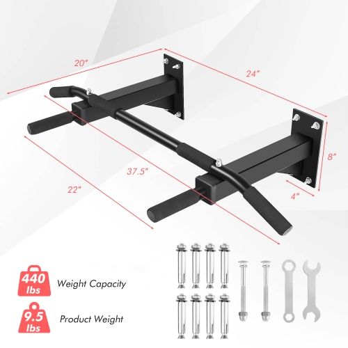 Costway Wall Mounted Multi-Grip Pull Up Bar W/Foam Handgrips Full Body  Workout Home Gym