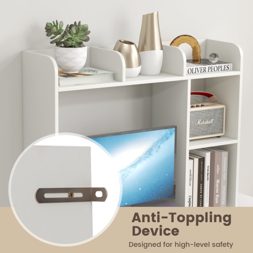 Topbuy Desktop Bookshelf 3-Tier Multipurpose Countertop Hutch Bookshelf for 27 Inch Monitor w/ 3 Upper Shelves & 2 Side Compartments White/Natural