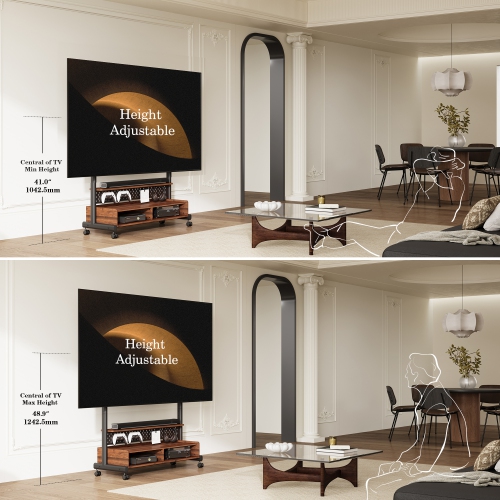 FITUEYES TV Stand with Storage and Wheels for 70 to 100 inch LED LCD Flat Screen, Floor TV Stand Mount Wooden with Peg Board & Cabinet Storage TV