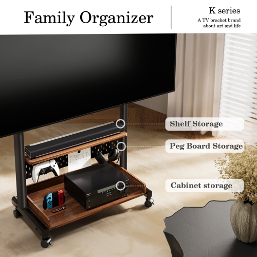 FITUEYES TV Stand with Wheels for 40 to 85 inch LED LCD Flat Screen, Corner TV Stand Mount with Storage, Peg Board & Wooden Shelf TV Console