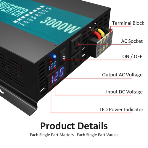 Open Box - WZRELB 3000W 12V Pure Sine Wave Solar Power Inverter DC AC Converter,Black