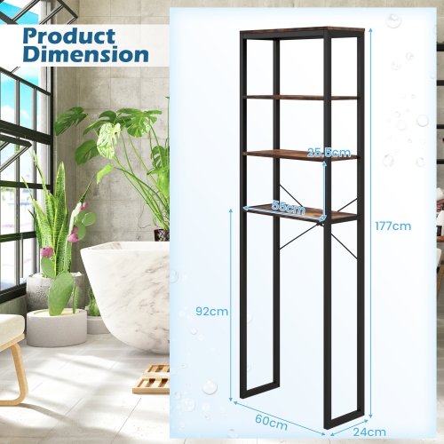 Topbuy par-dessus le support de rangement de toilette industriel à 4 niveaux avec pieds réglables et dispositifs antirenversement