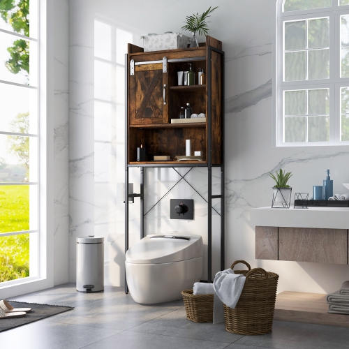Topbuy Over The Toilet Storage Cabinet 4-Tier Bathroom Organizer w/ Adjustable Shelves Sliding Barn Door & Toilet Paper Holder Rustic Brown/Espresso