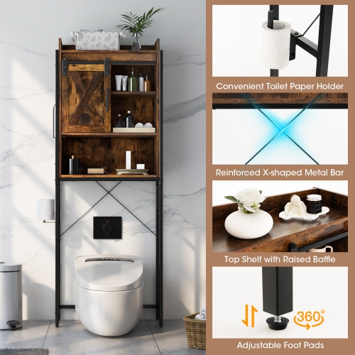 Topbuy Over The Toilet Storage Cabinet 4-Tier Bathroom Organizer w/ Adjustable Shelves Sliding Barn Door & Toilet Paper Holder Rustic Brown/Espresso