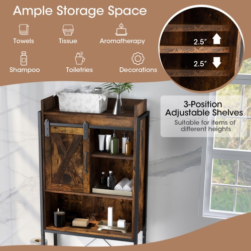 Topbuy Over The Toilet Storage Cabinet 4-Tier Bathroom Organizer w/ Adjustable Shelves Sliding Barn Door & Toilet Paper Holder Rustic Brown/Espresso