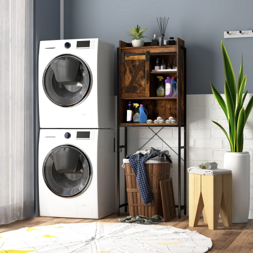 Topbuy Over The Toilet Storage Cabinet 4-Tier Bathroom Organizer w/ Adjustable Shelves Sliding Barn Door & Toilet Paper Holder Rustic Brown/Espresso