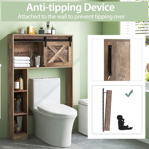 Topbuy Freestanding Over The Toilet Storage Cabinet Bathroom Cabinet with Sliding Barn Door & Storage Shelves White/Rustic