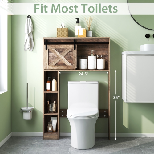 Topbuy Freestanding Over The Toilet Storage Cabinet Bathroom Cabinet with Sliding Barn Door & Storage Shelves White/Rustic