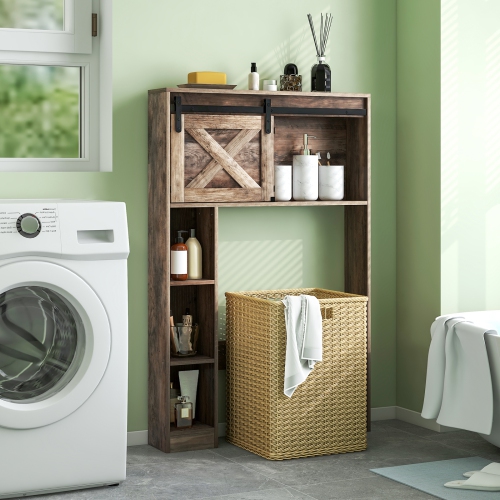 Topbuy Freestanding Over The Toilet Storage Cabinet Bathroom Cabinet with Sliding Barn Door & Storage Shelves White/Rustic