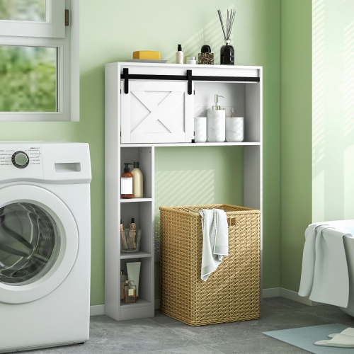Topbuy Freestanding Over The Toilet Storage Cabinet Bathroom Cabinet with Sliding Barn Door & Storage Shelves White/Rustic