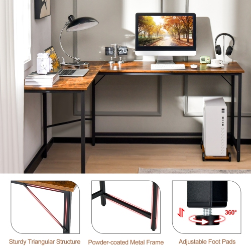 Topbuy L-Shaped Desk with Power Outlet 66" Computer Corner Desk with CPU Stand & Heavy-duty Metal Frame Rustic Brown/Black