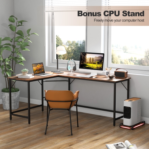 Topbuy L-Shaped Desk with Power Outlet 66" Computer Corner Desk with CPU Stand & Heavy-duty Metal Frame Rustic Brown/Black