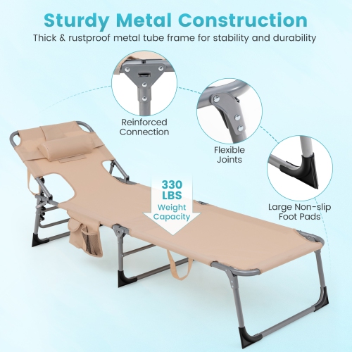 Patiojoy 2PCS Beach Lounge Chair Reclining Chair with 5 Adjustable Positions Detachable Pillow &Hand Ropes Blue/Black/Gray/Turquoise/Beige/Pink