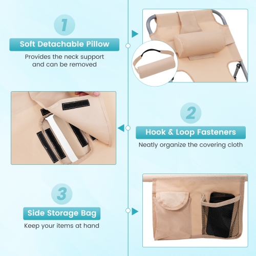 Patiojoy 2PCS Beach Lounge Chair Reclining Chair with 5 Adjustable Positions Detachable Pillow &Hand Ropes Blue/Black/Gray/Turquoise/Beige/Pink