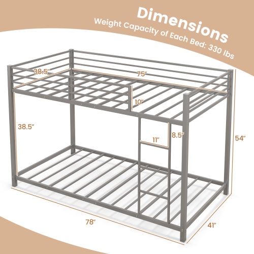Topbuy Metal Bunk Bed Twin over Twin Low-Profile Bunk Bed Frame with Full Length Guardrail & Ladder Space-saving Twin Size Bed Black/Sliver/White